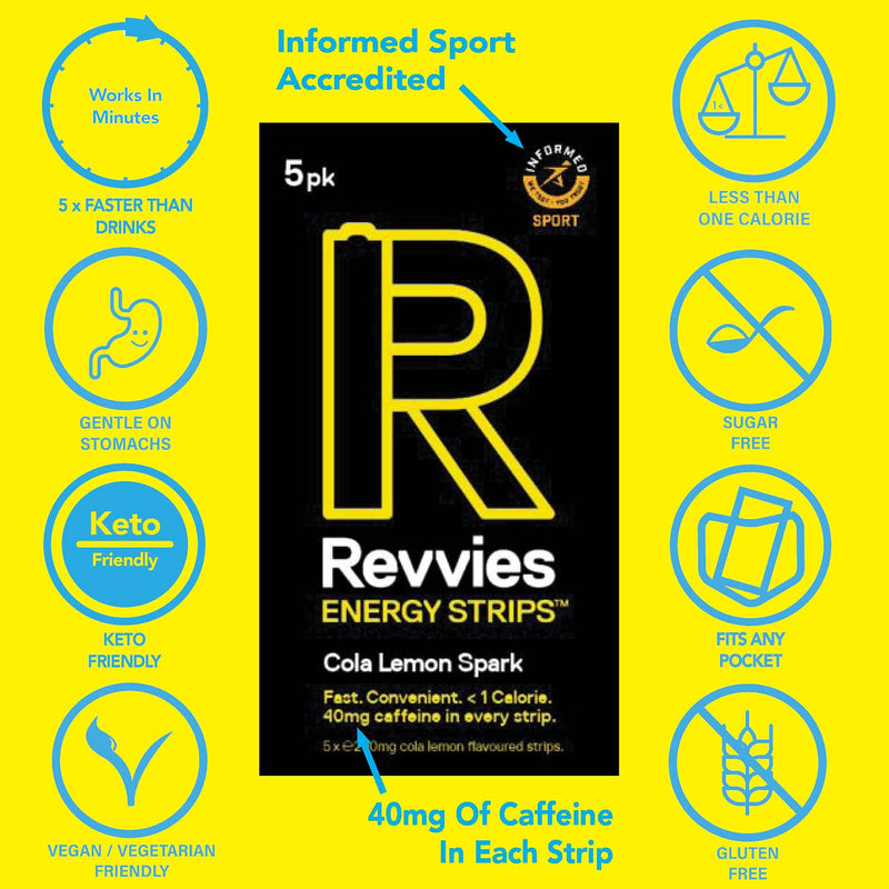 Revvies Energy Strips | Cola Lemon | 25 Strips | 40mg Caffeine Strip | 2 Strip = Coffee/Energy Drink | Less Than 2 Calories | Vegan | 5 x 5PK - BeesActive Australia