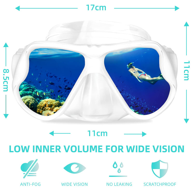 Keary Swimming Goggles Snorkel Diving Mask for Adult Men Women Youth, Anti-Fog 180°Clear View Swim Goggles with Nose Cover White Frame Green Strap - BeesActive Australia