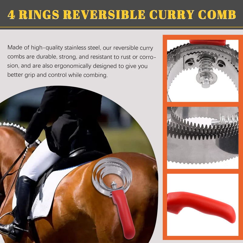 Tanstic 2Pcs Horse Brushes for Grooming Set, Including 4 Rings Reversible Stainless Steel Curry Comb Curry Horse Brush and Rubber Curry Horse Brush for Horse Dog Sheep Goat Shedding Grooming B Kit - BeesActive Australia