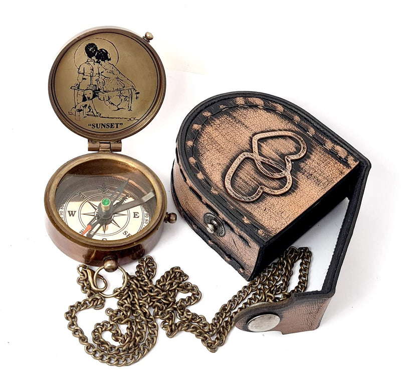 Brass Nautical - Engraved Compass with a Romantic Emotional Message, Gift for Husband, Anniversary, Wedding Gift for Him, Long Distance Gift, I Miss You, Valentine Grow Old Along With Me, With Sunset Painting - BeesActive Australia