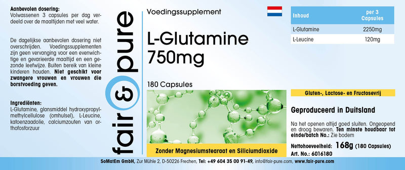 Fair & Pure L-Glutamine 750mg, in Free Form, Vegan, 750mg, 180 Capsules - BeesActive Australia