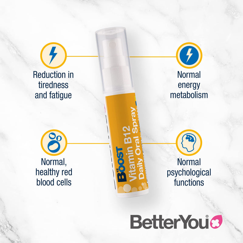 BetterYou Boost Vitamin B12 Daily Oral Spray, Pill-free Vitamin B12 Supplement for Energy Boost, 48-day Supply, Made in the UK, Natural Apricot Flavour - BeesActive Australia