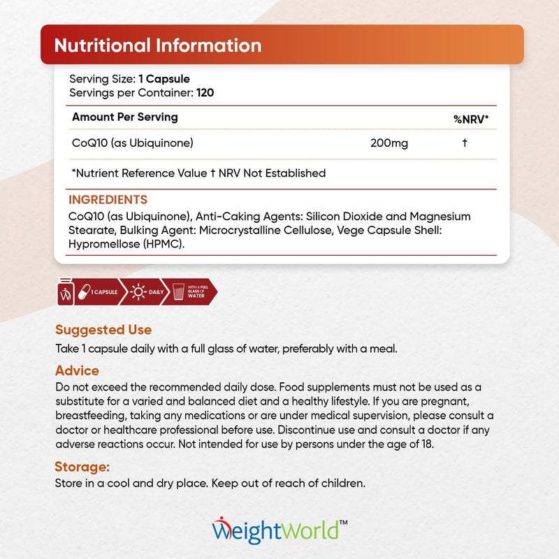 CoQ10 Supplement 200mg - 120 Vegan Coenzyme Q10 High Strength Capsules (4 Months Supply) - Naturally Fermented & Lab Tested Ubiquinone Q10 Coenzyme - High Absorption Co Q10 Supplements by WeightWorld - BeesActive Australia