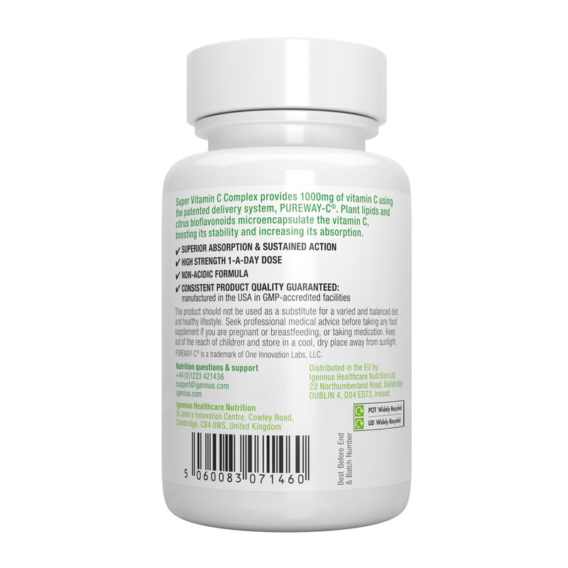 Super Vitamin C Complex 1000mg, Superior Absorption, Non-Acidic Pureway-C, Vegan, Immune System Booster with Bioflavonoids, 60 Tablets, by Igennus - BeesActive Australia