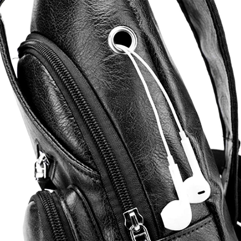 Men's Leather Sling Bag Chest Shoulder Backpack Crossbody Bag with USB Charging Port for Travel, Hiking ,Cycling 1-small-black - BeesActive Australia