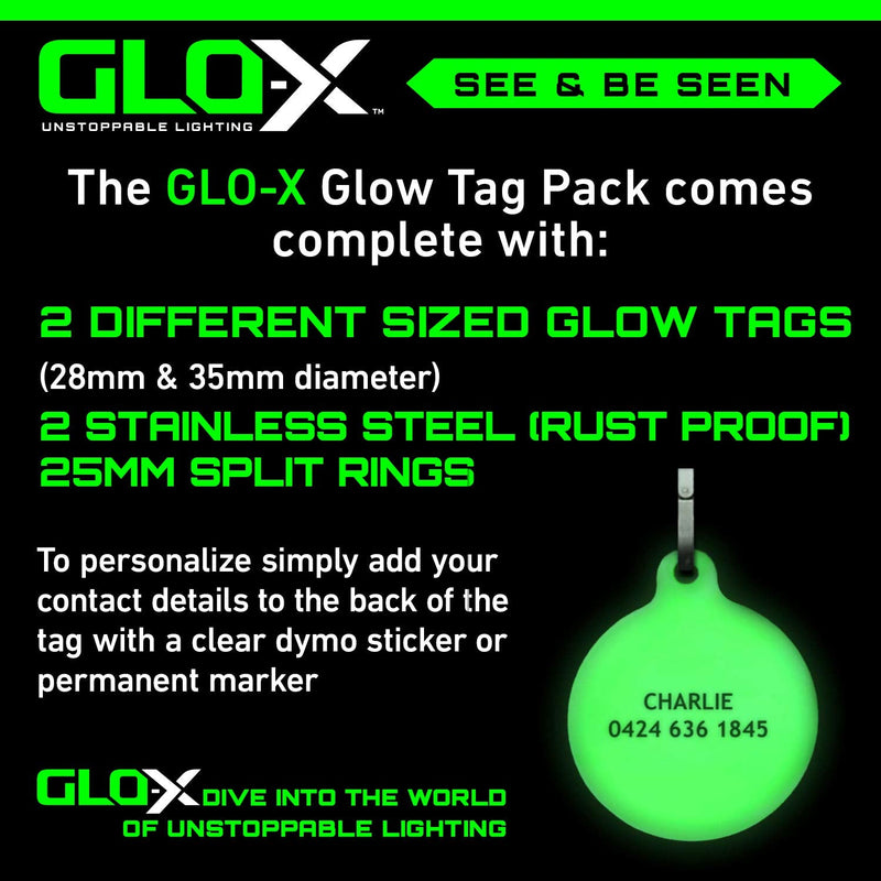 GLO-X Dog Glow Tag - Glow in The Dark Cat Tags to Keep Your Pets Safe at Night - 12+ Hours Glow Time - Charges in Daylight - No Batteries Required 1.38” x 1.10” Diameter - BeesActive Australia