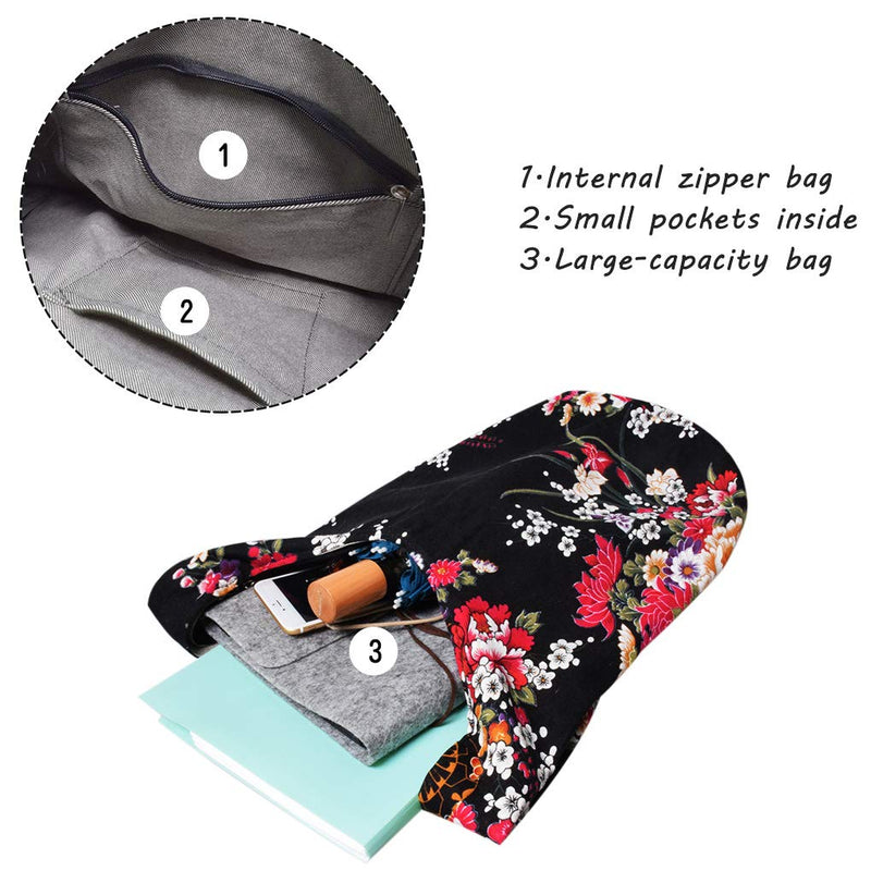 WITERY Women's Sling Crossbody Bags Large Shoulder Shopping Hobo Bag Handbag Top Zip Bags Handmade Messenger Bag Wallet Black Flower - BeesActive Australia