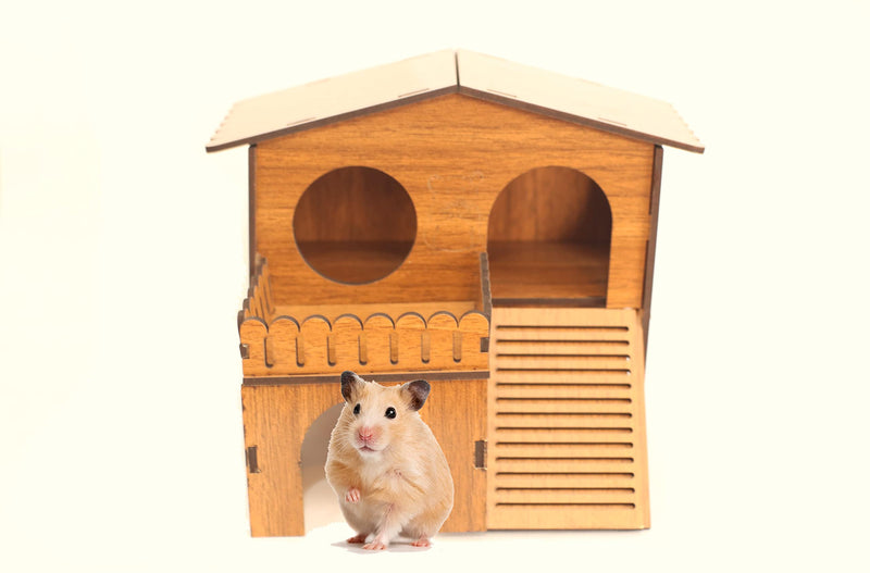 2 Storey Hamster House with Wide Door Small Animal Climbing Ladder Dwarf Hamster Small Pet Dwarf Hamster Cage Small Animal Hideout Easy Clean Wooden Hideaway - BeesActive Australia