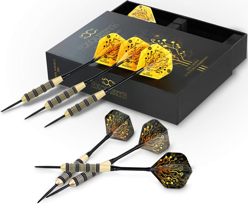 CC-Exquisite Professional Steel Tip Darts Set - 6 x 20g Brass Barrels with 12 Flights, Black - BeesActive Australia