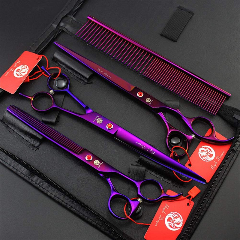 Purple Dragon 8.0 inch Dog Hair Cutting, Curved and Thinning Scissors Shear Pet Grooming Tool Kit Purple - BeesActive Australia