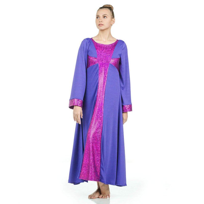 [AUSTRALIA] - Danzcue Praise Cross Long Sleeve Dress, Deep Purple-Metallic Deep Purple, L-XL-Adult 