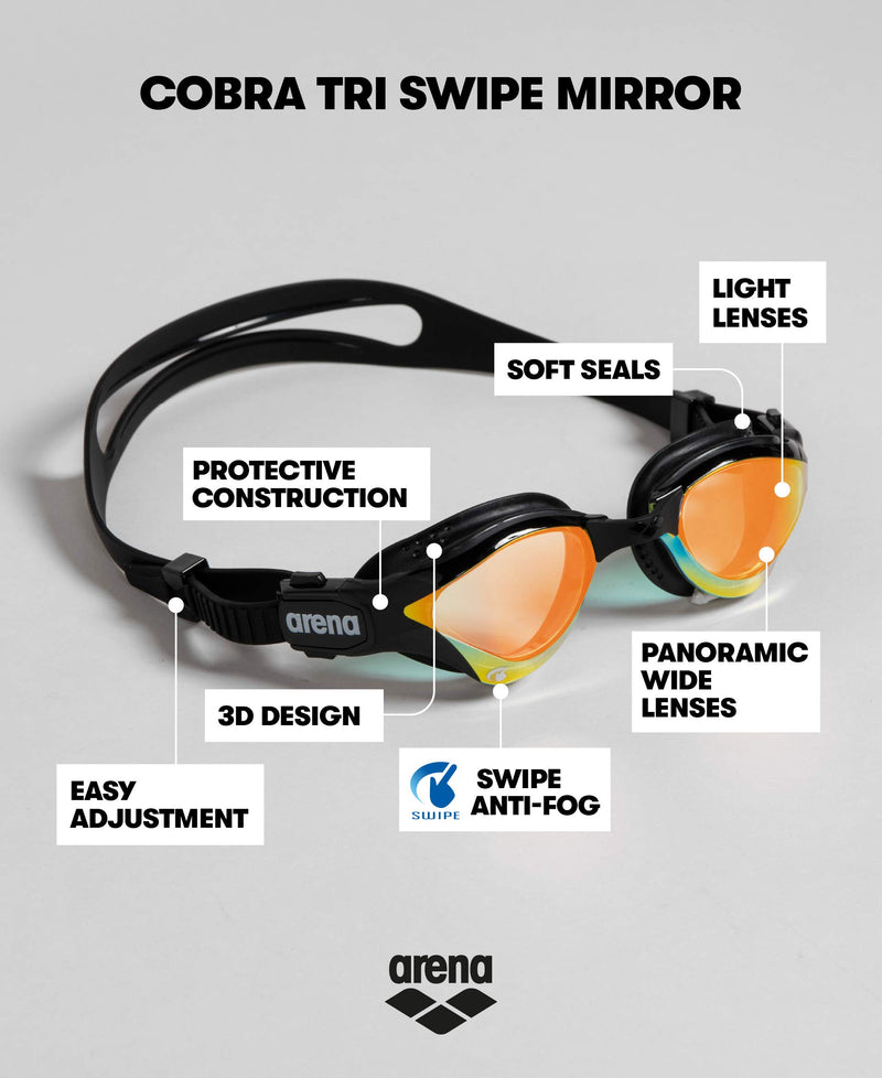 [AUSTRALIA] - Arena Cobra Tri Mirror Triathlon Swim Goggles Yellow Copper / Black Swipe Anti-Fog (NEW) 