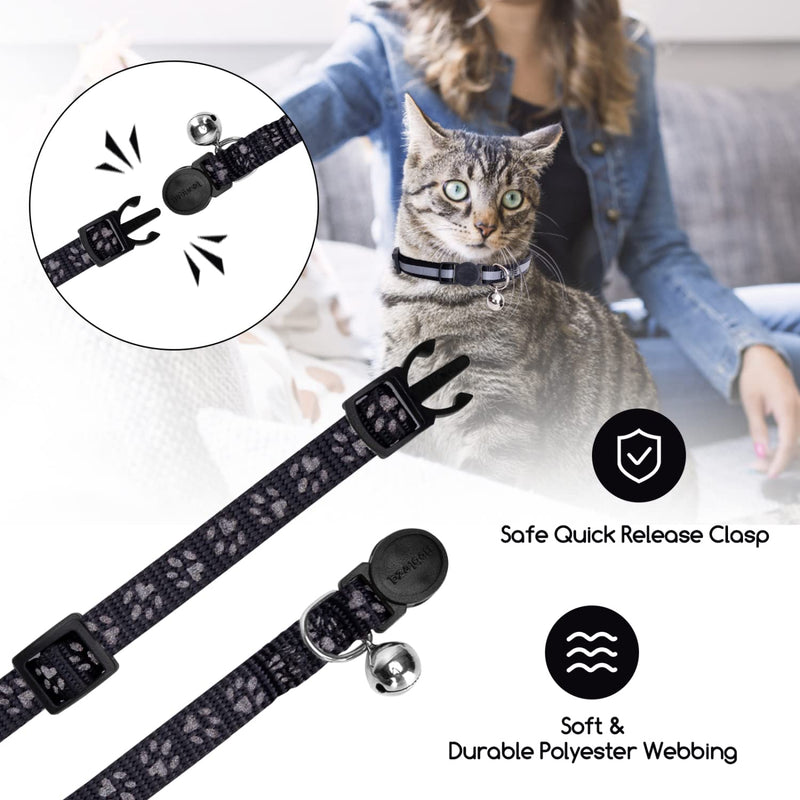 Nobleza Kitten Collar with Bell, 2 Pack Breakaway Cat Collars with Safe Quick Release Buckle, Paw Print & Strip Reflective Adjustable Soft Pet Collar Black - BeesActive Australia