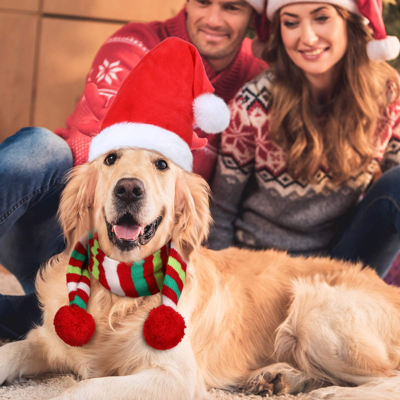 4 Pieces Christmas Dog Scarf with Santa Hat 2 Adjustable Christmas Pet Hat and 2 Pet Knit Red Scarf with White Pompom Ball Striped Scarf Winter Pet Accessory for Small Medium Large Dog - BeesActive Australia