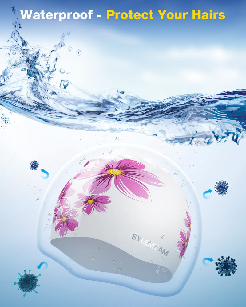 SYLEMTAM Swim Cap Women, Silicone Swimming Caps for Long Hair Anti Slip Waterproof Swim Caps for Womens Adult, Comfortable Bathing Cap Swimming Hats Fit for Curly Short Medium Long Thick Hairs Daisy - BeesActive Australia