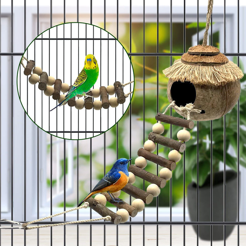 Tfwadmx Hanging Bird House with Ladder Natural Coconut Fiber Birds Nest Coco Shell Hideaway Lovebird Swing Toys Parrot Cage Accessories for Parakeet Finch Parrot Canary - BeesActive Australia