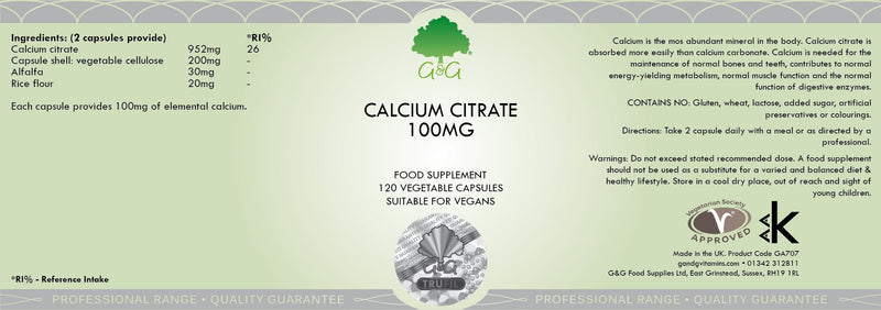 G&G Vitamins Calcium Citrate - 200mg Elemental Calcium Citrate Per 2 Capsules - 120 Vegan Capsules - BeesActive Australia
