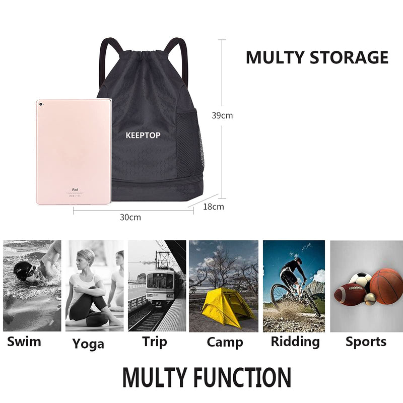 Waterproof Backpack Training Gymsack Drawstring Strap Lightweight Dry Wet Depart Daypack Casual Bags for Gym Shopping Swimming Yoga Sport Shoulder Rucksack (Black) Black - BeesActive Australia