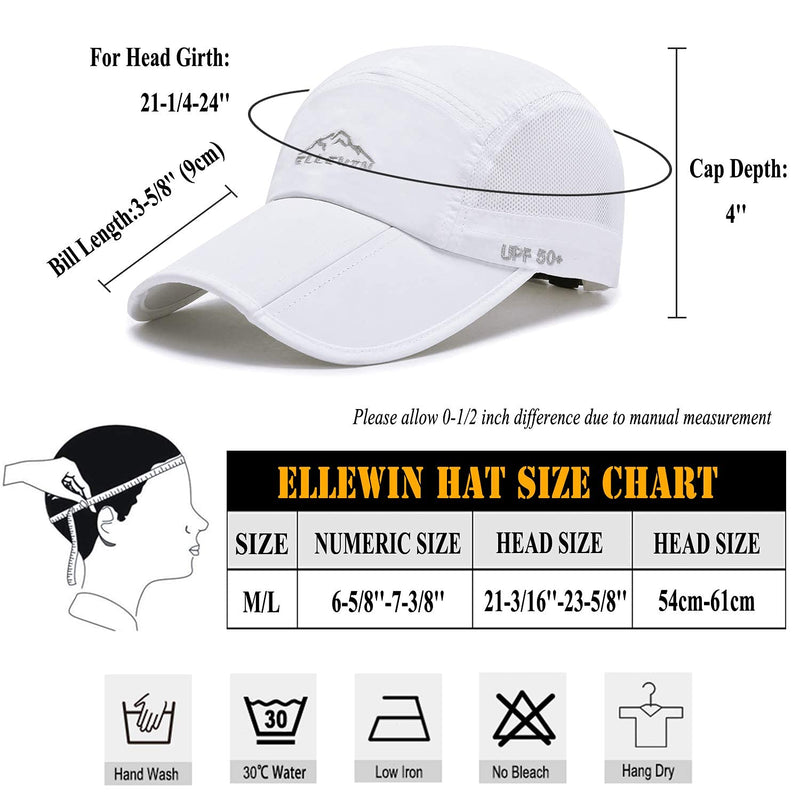 ELLEWIN Unisex Baseball Cap UPF 50 Unstructured Hat with Foldable Long Large Bill White-m/L - BeesActive Australia