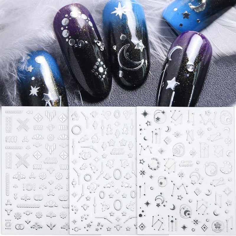 Lookathot 8Sheets Self-ahesive 3D Design Nail Art Stickers Decals Gold Silver Metallic Studs Moon Stars Geometry Pattern Manicure DIY Decoration Tools (Silver(8Sheets)) Silver(8sheets) - BeesActive Australia
