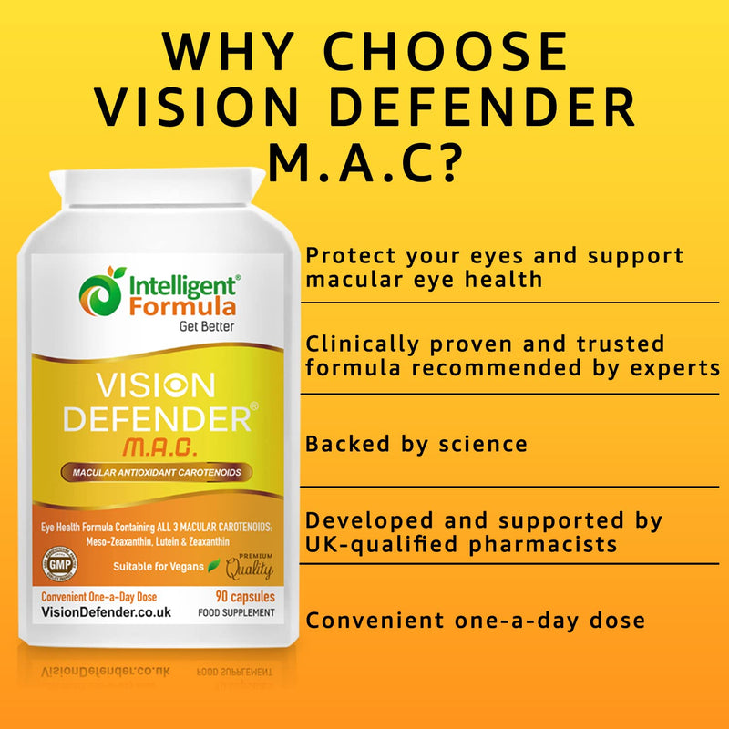 Lutein, Zeaxanthin & Meso-Zeaxanthin Eye Supplement: Vision Defender MAC � Antioxidant Carotenoids �Eye Vitamins� for Eyesight, Eye Care & Health - Vegan/Vegetarian - 90 Capsules/One-A-Day -Made in UK - BeesActive Australia