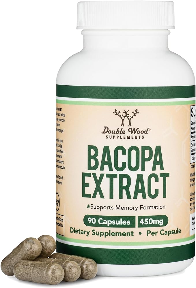 Double Wood Supplements Bacopa Monnieri Capsules - 450mg, 90 Count (Made in the USA) Non-GMO, Gluten-Free, Concentrated 20% Bacosides Extract - BeesActive Australia