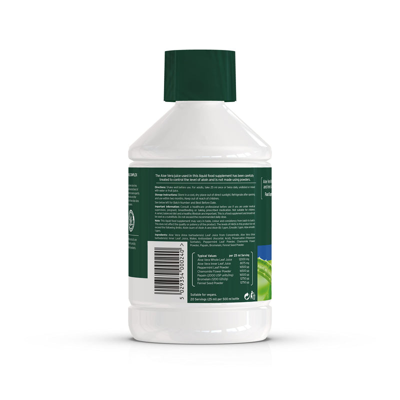 Aloe Pura Aloe Vera Peppermint & Chamomile Juice, Natural, Vegan, Cruelty Free, Digestive Enzymes, Papian & Bromelain, Food Supplement, 500 ml - BeesActive Australia