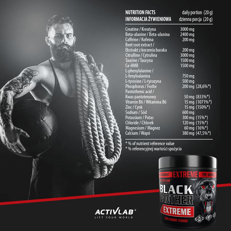 Activlab Black Panther Extreme 300g, Pre Workout Powder Energy, Physical Performance with Citrulline, Creatine, Beta Alanine, Caffeine, VIT B, HMB, 300g, 15 Servings (Black Currant) - BeesActive Australia