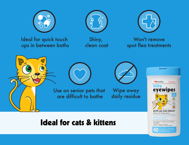 Petkin Kitty Eye Wipes, 40 Moist Wipes - Gentle Eye Cleaning Wipes Remove Dirt, Discharge, & Tear Stains - Safe, Convenient, Easy to Use Pet Wipes for Cats & Kittens - Ideal for Home or Travel - BeesActive Australia
