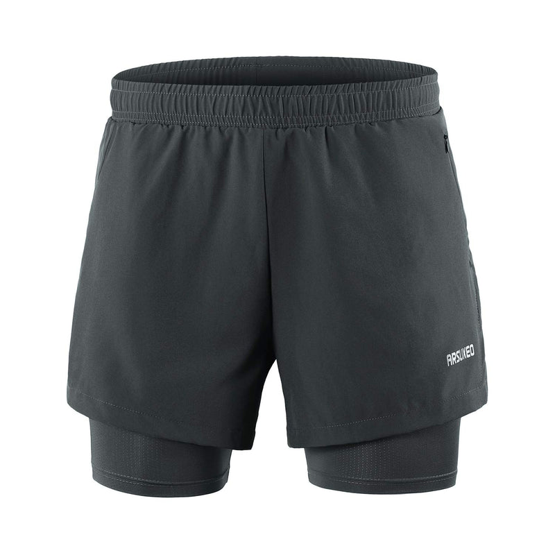 [AUSTRALIA] - ARSUXEO Men's 2 in 1 Running Shorts Breathable Zipper Pocket B202 Dark Grey Small 