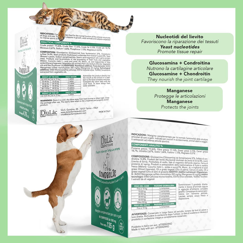 CONDROLAC Glucosamine Chondroitin for Dogs and Cats, High Dosage - Dog Joint Supplement Made in Italy, 90 Chewable and Divisible Tablets for Puppies, Adults and Senior - Dulàc Pet Care - BeesActive Australia