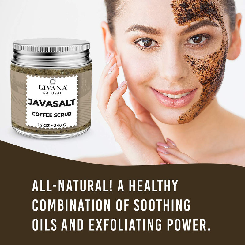 Javasalt Coffee Scrub by Livana, Exfoliate for Face and Body, 12 oz Vegan Friendly Made in USA - BeesActive Australia