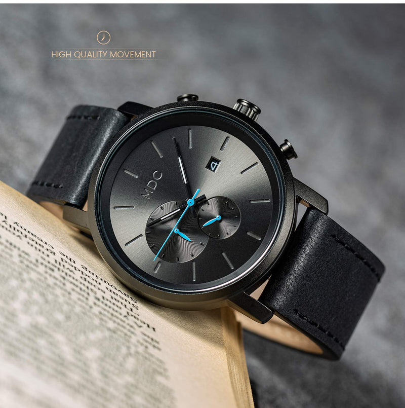 MDC Mens Fashion Watches Black, Chronograph Quartz Wrist Watches for Men, with Auto Date Waterproof, Genuine Leather Band Black Leather Strap - BeesActive Australia