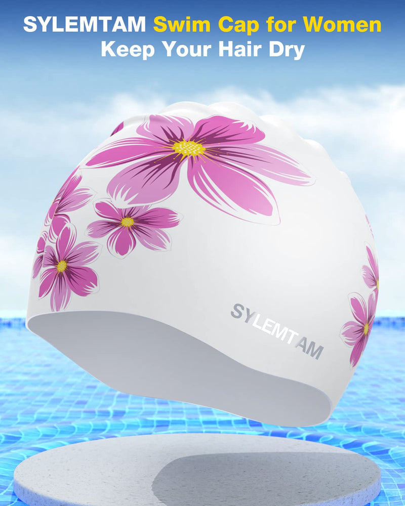 SYLEMTAM Swim Cap Women, Silicone Swimming Caps for Long Hair Anti Slip Waterproof Swim Caps for Womens Adult, Comfortable Bathing Cap Swimming Hats Fit for Curly Short Medium Long Thick Hairs Daisy - BeesActive Australia