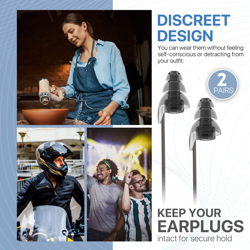 Hearprotek Ear Plugs for Work, [2 Pairs] Noise Reduction Ear Plugs, Reusable High Fidelity Concert Earplugs Corded-Ear Protection for Work Safety Motorcycle Construction Party Airplane Travel (26dB) Transparent Black - BeesActive Australia