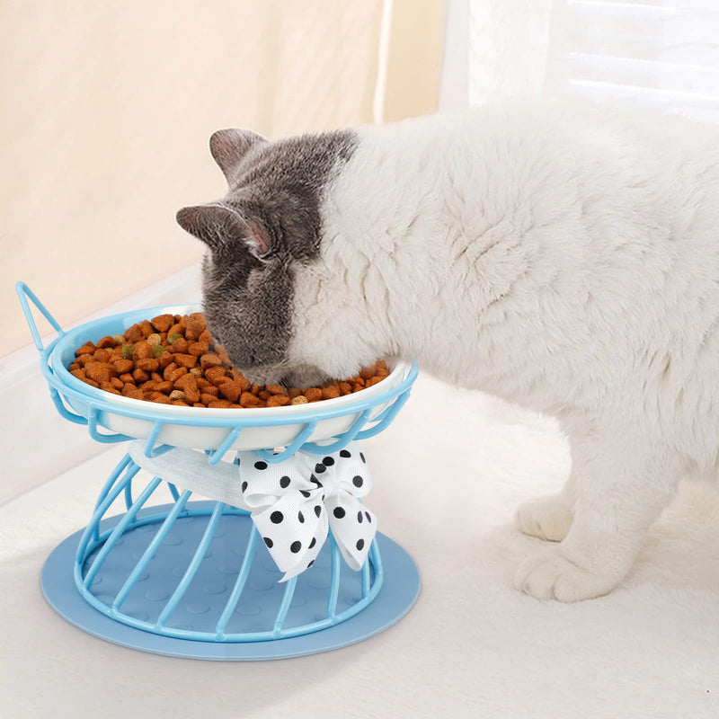 Dorakitten Elevated Cat Ceramic Bowls: Raised Cat Food Bowl, Cute Cat Feeder Bowl Stand, Food & Water Anti Vomiting Shallow Ceramic Cat Dish, with Non-Slip Mat Pet Bowl for All Cat Blue - BeesActive Australia