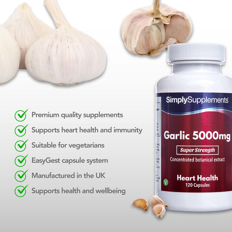 Garlic Capsules 5000mg | Vegan & Vegetarian Friendly | 120 Capsules = Up to 4 Month Supply | High Strength Odourless Garlic Supplement for Healthy Heart & Circulation | Manufactured in The UK 120 Count (Pack of 1) - BeesActive Australia