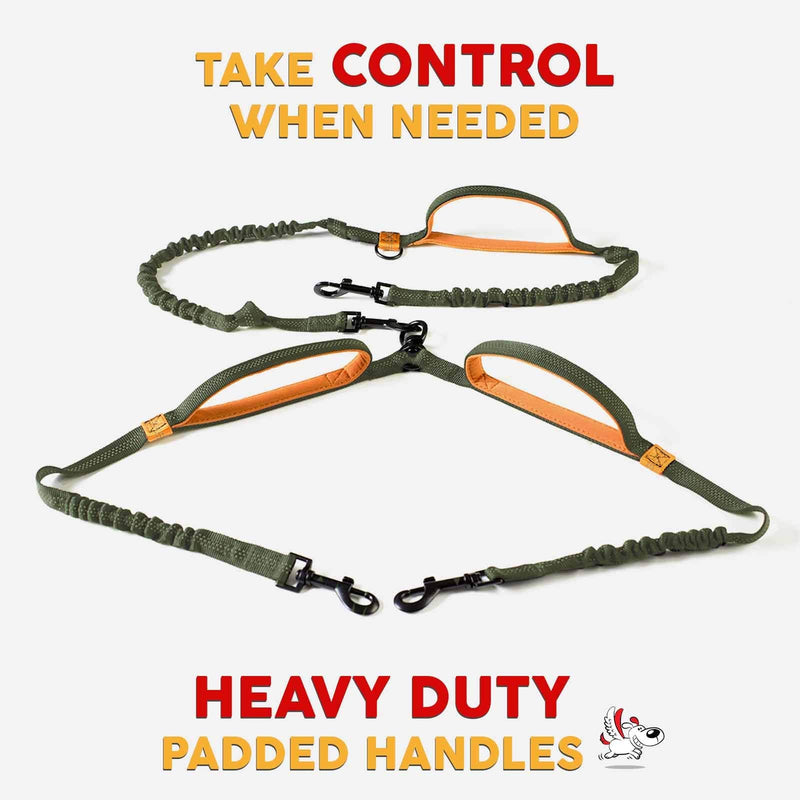 Double Dog Leash Hands-Free | Waist Dual Dog Leash for Tandem Walking & Training | 360°Swivel 2 Dog Coupler | Comfortable Shock Absorbing Reflective Bungee | No Pull Two Dog Leash Khaki & Orange Two Large Dogs (35-150 lbs each) - BeesActive Australia