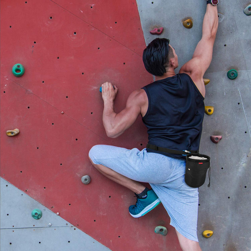 MoKo Chalk Bag, Drawstring Rock Climbing Chalk Bag Bouldering Chalk Bag Bucket with Adjustable Belt & Zippered Pockets and Carabiner for Rock Climbing Weight Lifting Gymnastics Crossfit Black - BeesActive Australia