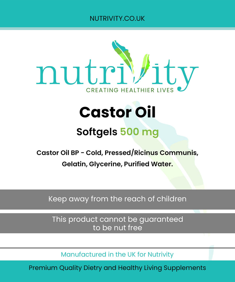 Castor Oil 500mg Soft Gels | Intestinal Help | Constipation Relief | Healthy Hair & Skin | Made in The UK to GMP Standards by Nutrivity (30) 30 - BeesActive Australia