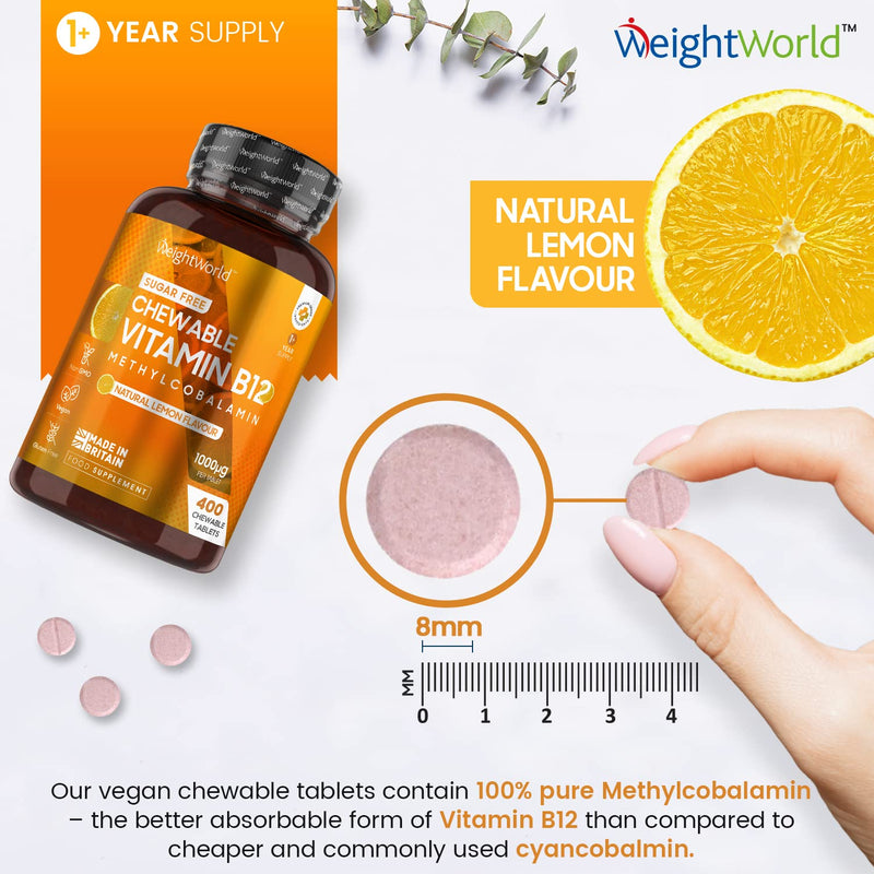 Vitamin B12 High Strength 1000mcg - 1+ Year Supply (400 Chewable & Vegan Vitamin B12 Tablets) - Sugar Free methylcobalamin b12 VIT B12 Supplement for Energy - Lemon Flavour - Made in The UK - BeesActive Australia