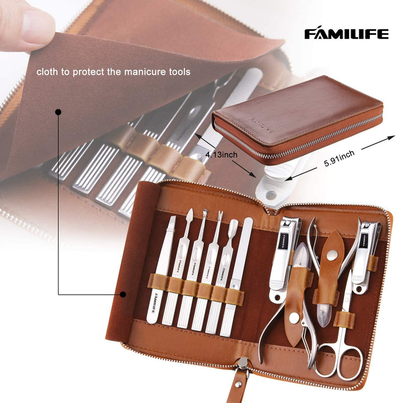 Manicure Set, FAMILIFE Professional Manicure Kit Nail Clippers Set 11 in 1 Stainless Steel Pedicure Tools Kit Nail Kit Men Grooming Kit with Portable Brown Leather Travel Case Luxury Gifts for Him - BeesActive Australia