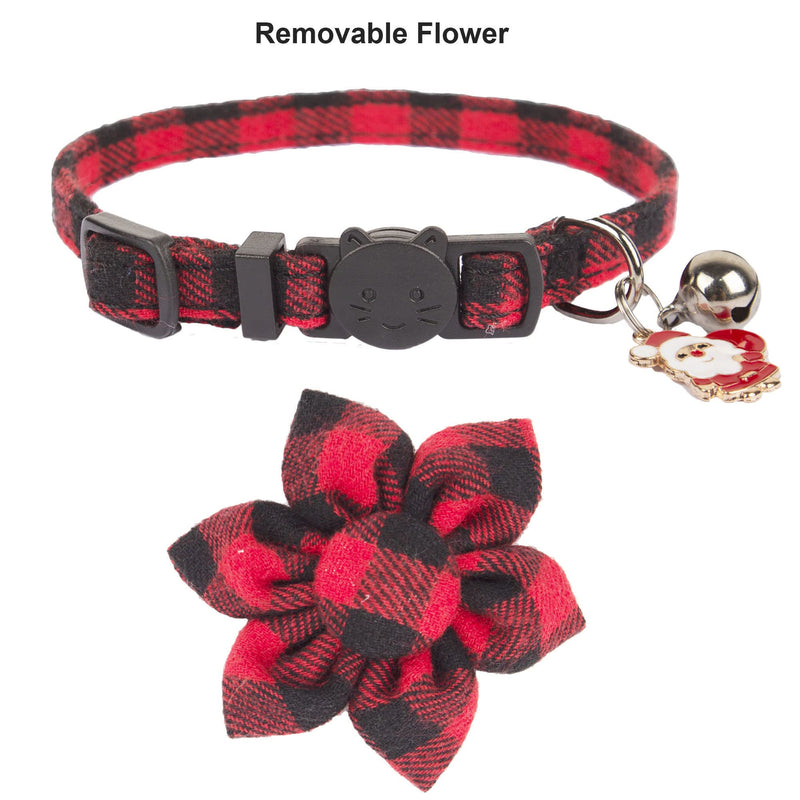ADOGGYGO Christmas Cat Collars with Flower Bell, 2 Pack Breakaway Cat Christmas Collar with Removable Floral, Red Green Plaid Flower Collars for Cats - BeesActive Australia