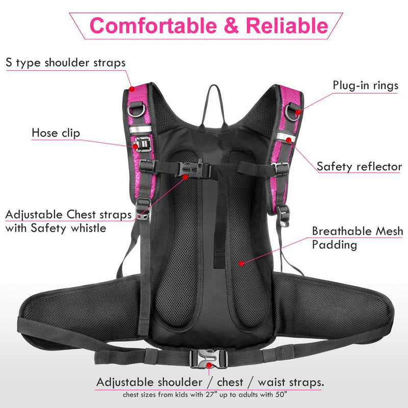 Mothybot Insulated 1.5L 3L Hydration Backpack Pack with Water Bladder, Large Capacity Lightweight Hiking Daypack for Women, Men, kids - Waist Pouches & Cooler Layer, for Running, Biking, Rave,Festival Pink- 1.5 Liter Hydration Backpack - BeesActive Australia