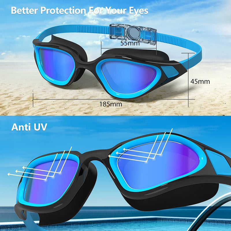 Polarized Swim Goggles，COPOZZ Mirror/Clear Swimming Water Goggles for Adult &Youth Blue Frame Blue Lens - BeesActive Australia