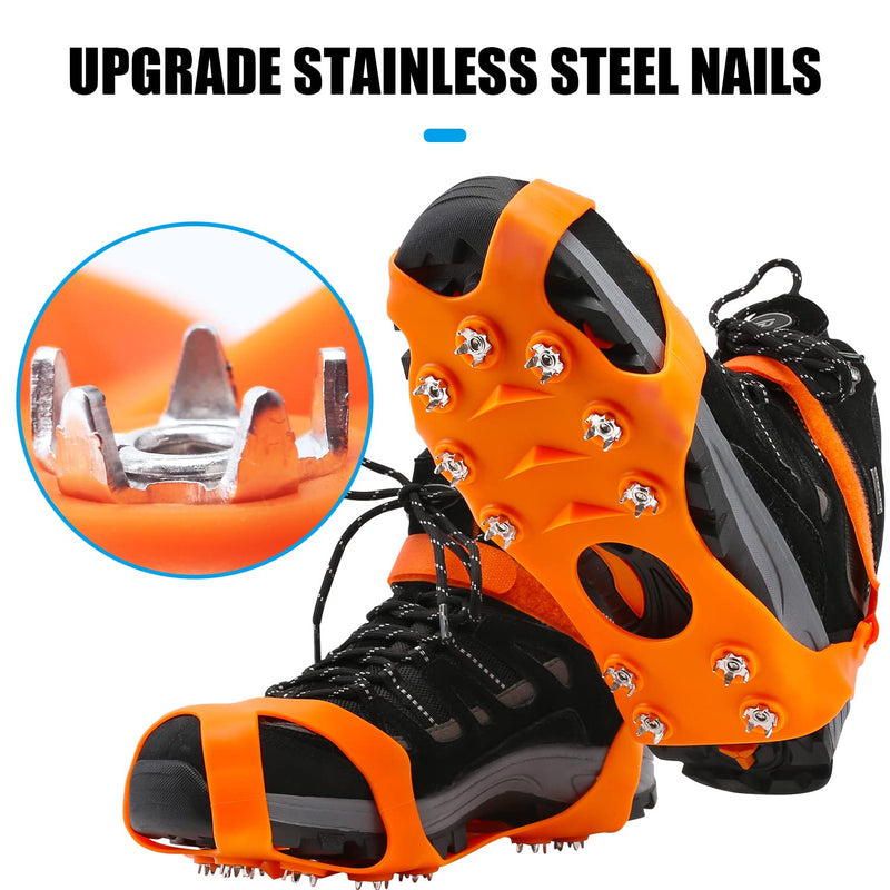 11 Spikes Crampons, Upgraded Version Stainless Steel Anti-Slip Microspikes, Ice Cleats Grips for Hiking Shoes and Boots, Hiking Fishing Walking Mountaineering Orange Upgrade Stainless steel Large[US Men:12-15 Women:14-17/EU:44-48] - BeesActive Australia