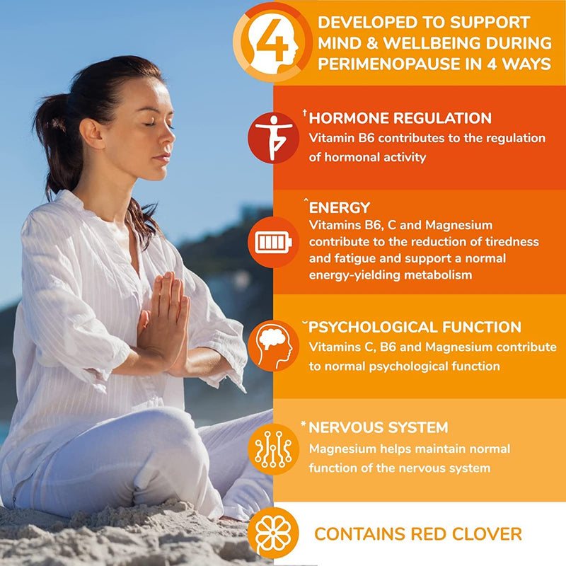 Health & Her Perimenopause Mind+ Supplements for Women - Support for Cognitive Function, Mental Energy & Wellbeing - Contains Red Clover - 1 Month Supply - 30 Perimenopause Supplements - Vegan 30 Count (Pack of 1) - BeesActive Australia