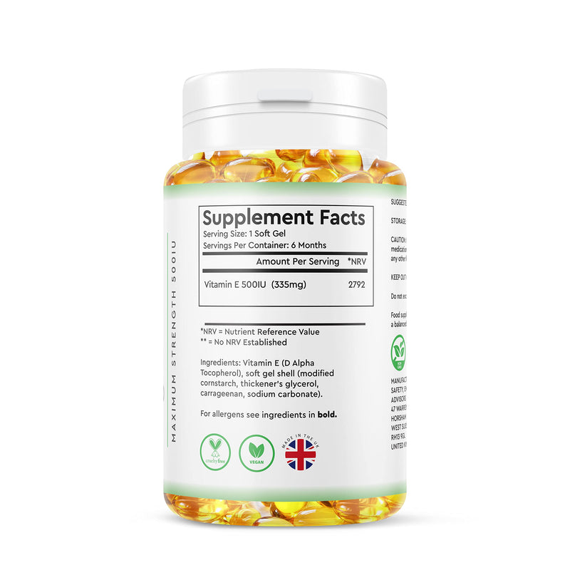 Vitamin E 500IU Vegan Softgels - 6 Month Supply 180ct - High Strength Vitamin E Oil Capsules - Alpha Tocopherol � 100% Natural & Vegan - BeesActive Australia