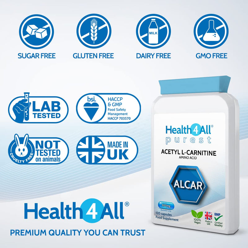 Acetyl L-Carnitine ALCAR 500mg 120 Capsules (V) Purest: no additives. Vegan. Made in The UK by Health4All 120 Count (Pack of 1) - BeesActive Australia
