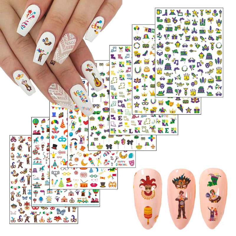 Mardi Gras Nail Art Stickers Decals Carnival Nail Stickers 8 Sheets Joker Circus Nail Decals Nail Art Supplies Masquerade Masks Crown 3D Self-Adhesive for Women Girls Nail Decorations DIY Nail Designs - BeesActive Australia